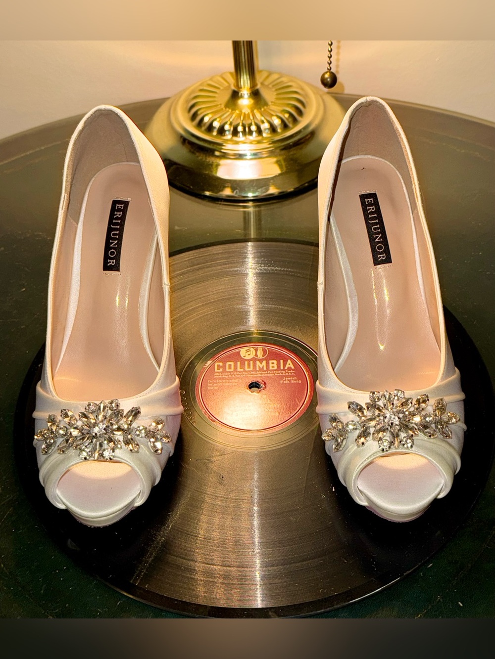 Erijunor Ivory Peep-Toe Heels with Crystal Embellishment